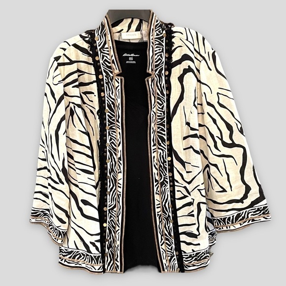 Chico’s Size 3 Linen Zebra Print Open Front With Fringe Jacket - Picture 1 of 4